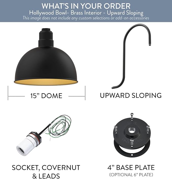 Steel Lighting Co. Hollywood Bowl Light | Outdoor Wall Mounted | 15 inch Bowl Dome | Upslope Gooseneck | Barn Light Made in America | Matte Black Exterior/Brass Interior