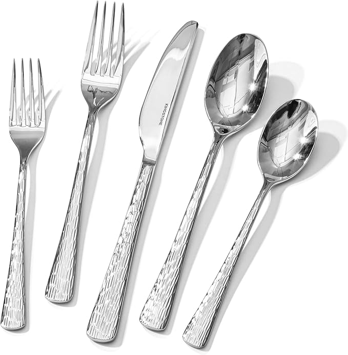 KINGSTONE Hammered Silverware Set, 60-Piece Flatware Set, 18/10 Stainless Steel Premium Cutlery with Unique Ripple Handles Design Mirror Polished - Dishwasher Safe