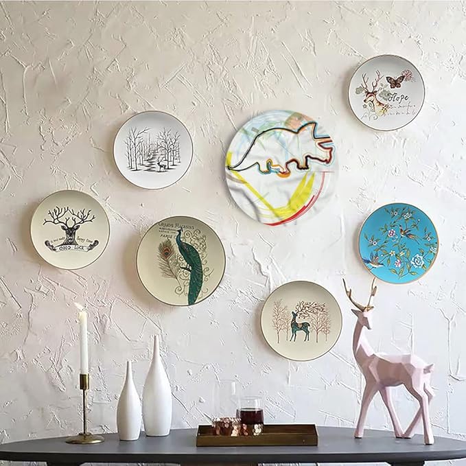 Decorative Plates, Dinosaur Print Ornament, Triceratops Sketch Lines, 10 Inch, 1 Plate with 1 Display Stand, Multicolor