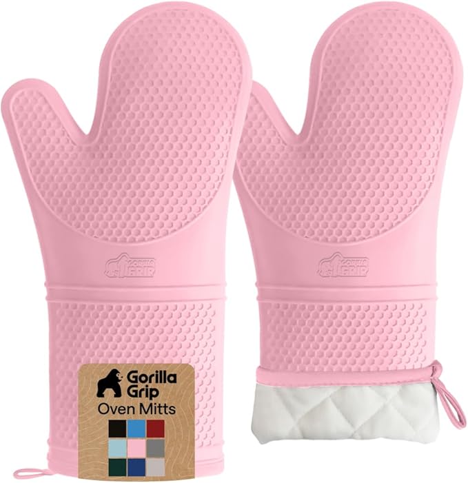 GORILLA GRIP BPA-Free Soft Silicone Oven Mitts, 14.5x8.3, Heat Resistant and Waterproof Cooking Gloves, Thick Cotton Lining, Flexible Gripping for Baking Grilling, Kitchen Potholders Set of 2, Pink