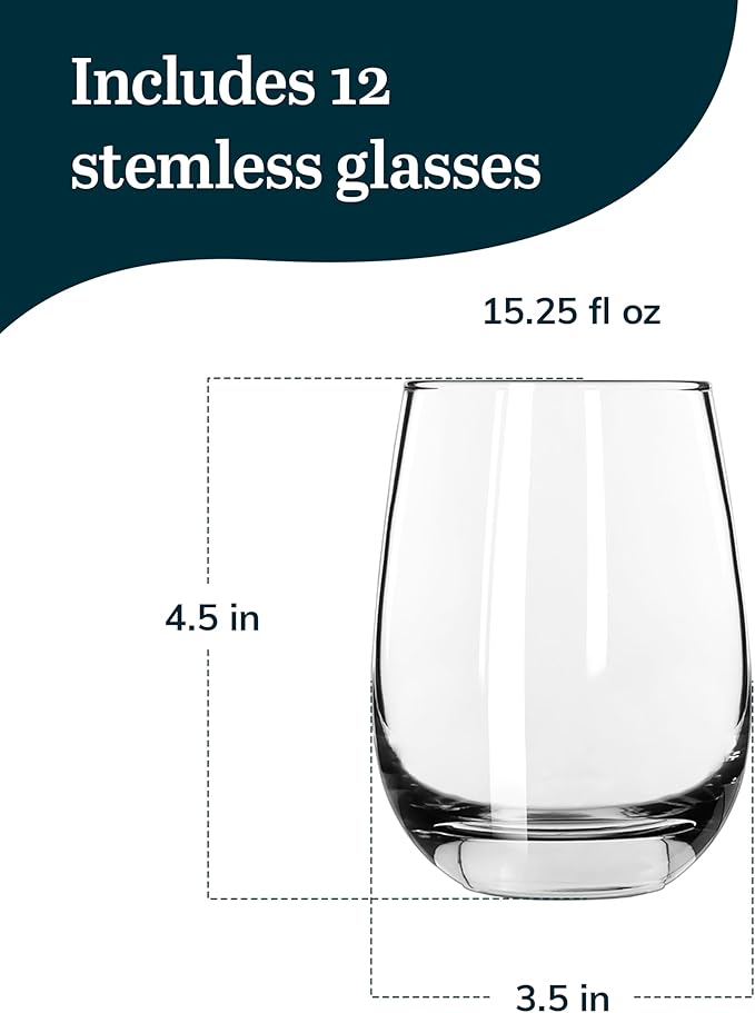 Libbey 231 Stemless Wine Glasses Set of 12, Clear, Restaurant Quality Red and White Wine Glasses, Drinking Glasses Set for Large Gatherings and Events