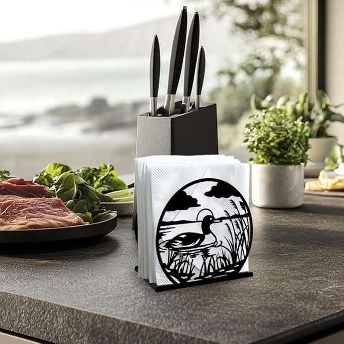 Mallard Duck Decorative Black Metal Napkin Holder for Table, 5.3" x 4.9" x 1.9" Duck Animal and Reed Standing Napkin Holder for Home Kitchen Restaurant Picnic Party Coffee Bar Dining Room