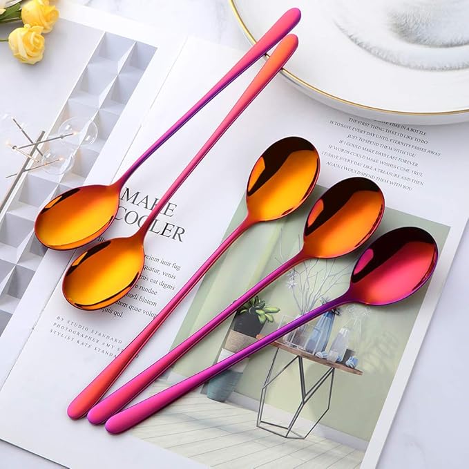 Buyer Star 5-pieces Rainbow Red Dinner Table Spoons 8-Inch Stainless Steel Metal Korean Soup Spoons
