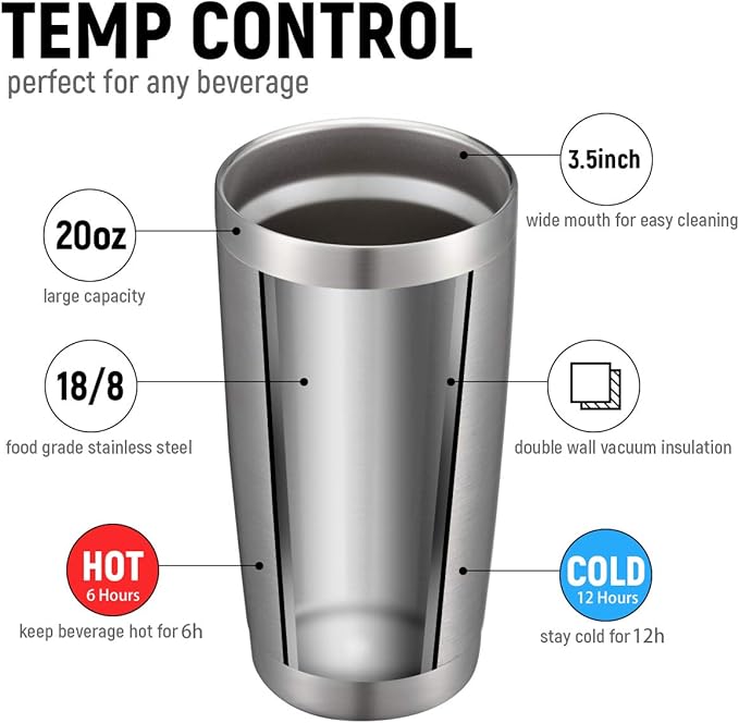 COMOOO 20oz Stainless Steel Tumbler Double Wall Vacuum Coffee Cup Insulated Travel Mug with Lid and Straw Durable Powder Coated Insulated Coffee Cup for Cold & Hot Drinks (Silver, 12 pack