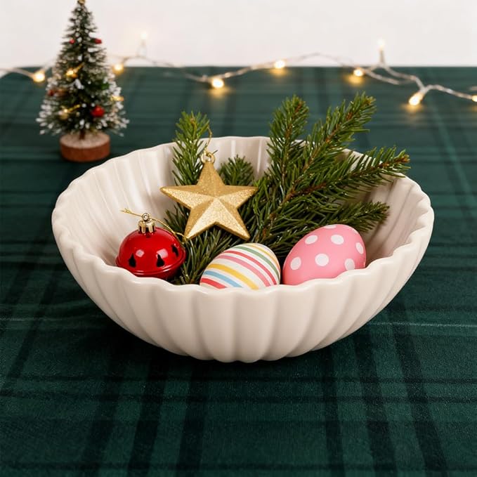 Large White Fluted Decorative Bowl – Modern Ruffle Bowl for Living Room, Kitchen, Entryway & Coffee Table Décor | Functional Decorative Bowl for Keys, Fruit, Storage for Home