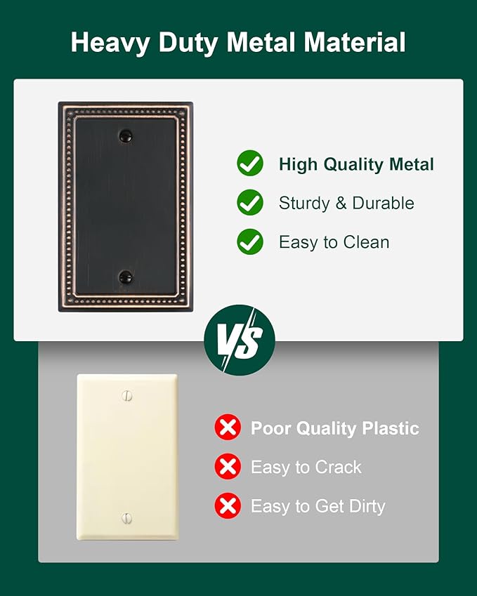 2-Pack Blank Outlet Cover Wall Plate, Metal Switch Plates Outlet Covers, Aged Bronze Pearls Beaded Decorative Wall Plates