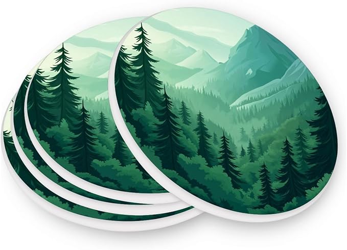 Coasters for Drinks Coaster Drink Set Decorative Coffee Table Desk Cup Mat Spring Cute Cork Bar Backing Round Home Decor Mountain Forest Trees Green07