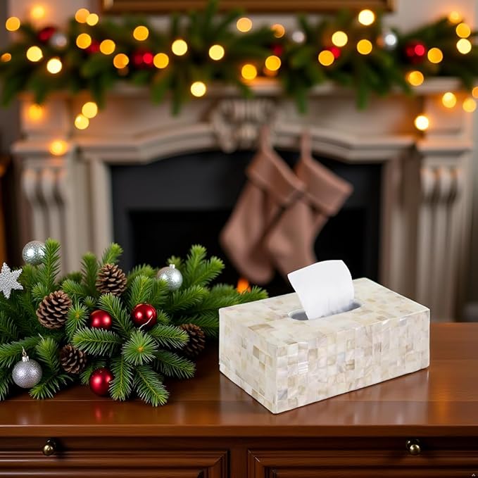 PEMAR Rectangular Mother of Pearl Lacquer Nacre Inlay Wood Tissue Box, Handmade Rectangle Tissue Box Cover Holder Decorative Napkin Dispenser Organizer Rustic Farmhouse Vintage Decor (White Sand)