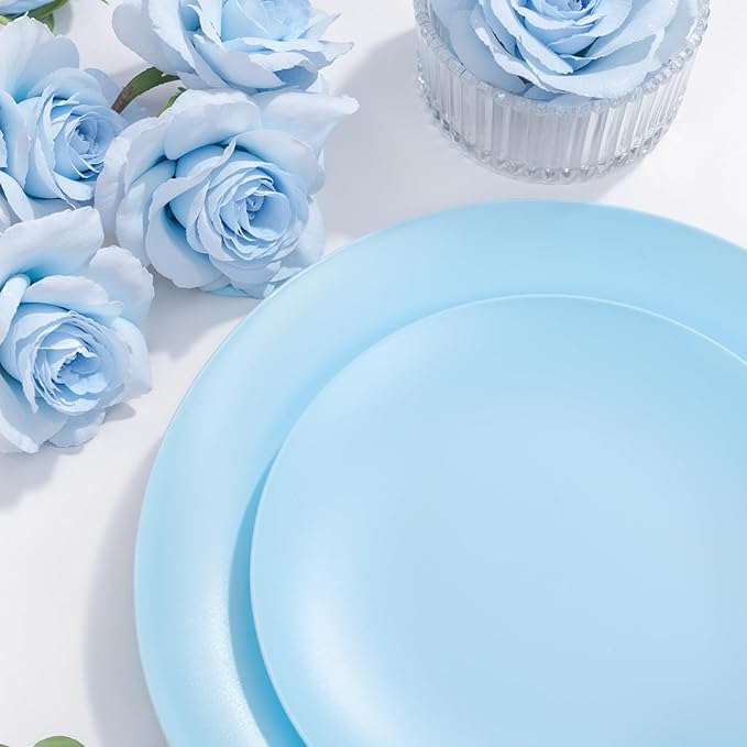 EI 150pcs Blue Plastic Plates Disposable Light Blue Baby Shower Plates Heavy Duty Dinnerware Set Plastic Silverware for Party,Wedding,Easter,Spring Afternoon Tea
