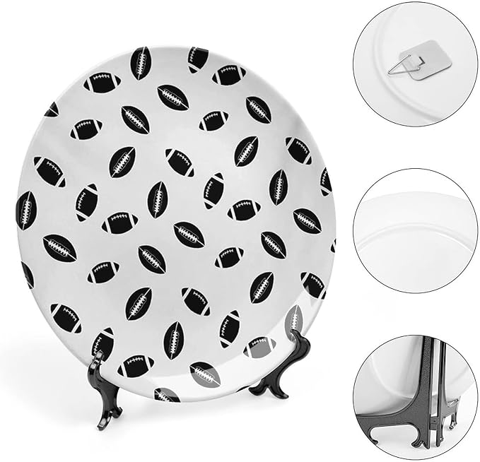 Decorative Plates, American Football Print Ornament, Monochrome Pattern Black Rugby Balls Sports, 8 Inch, Kitchen Wall Decor, Black White