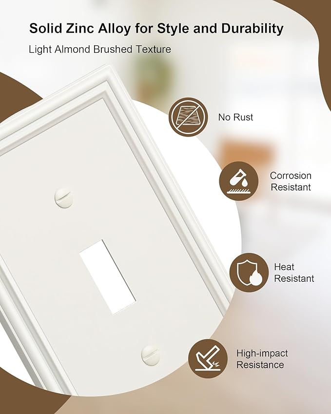 6-Pack Single Toggle Light Switch Cover Plate, Durable Solid Zinc Alloy Decorative Switch Plate Covers, Light Almond 1 Gang Wall Plate, Corrosion Resistant