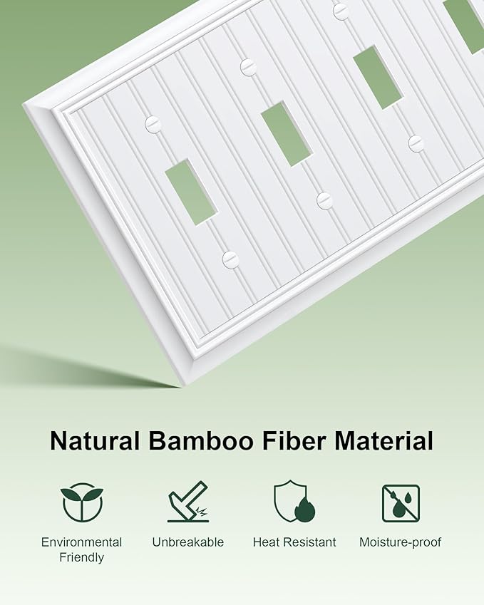 2-Pack Classic Beadboard Quad Toggle Light Switch Cover Plate, Pure White Decorative Switch Plate Covers, Natural Bamboo Fiber 4 Gang Wall Plate for Toggle Light Switch and Rotary Dimmer Switch
