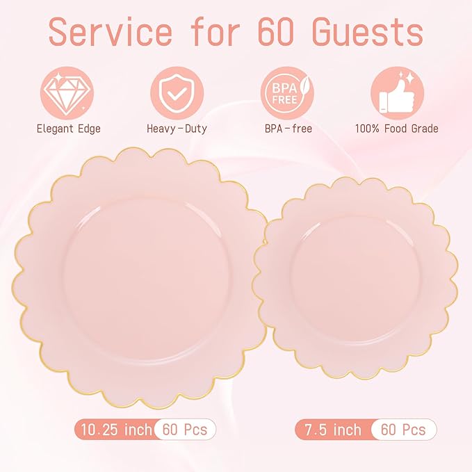 LIYH 120 Pcs Pink Plastic Plates Disposable - Pink Disposable Plastic Plates Set for Party Includes 60 Dinner Plate 10.25" & 60 Dessert Plate 7.5" Elegant Gold Rim for Party Birthday