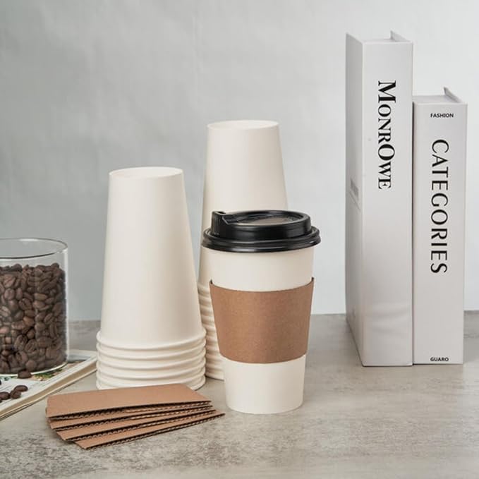 RACETOP 100 Pack Disposable Paper Coffee Cups with Lids & Sleeves, 16 oz, for Party, Church, Travel and Home