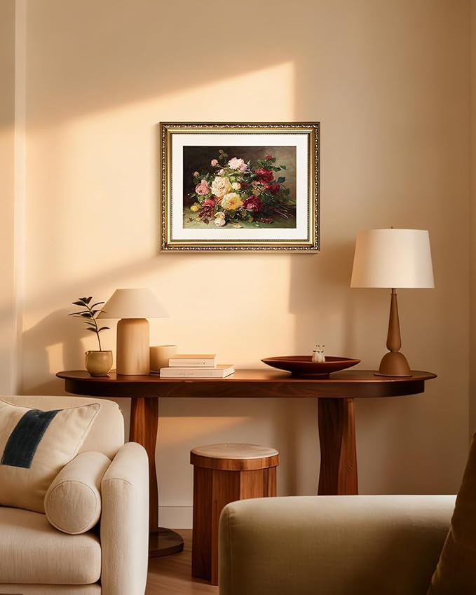 InSimSea Gold Framed Wall Art, Living Room Vintage Rose Bouquet Wall Shelf Decor, Flowers Canvas Print Art, Home Bedroom Farmhouse Decor, Antique Paintings with Picture Frame 13x16inch