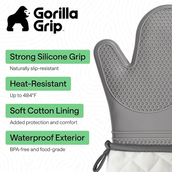 GORILLA GRIP BPA-Free Soft Silicone Oven Mitts, 14.5x8.3, Heat Resistant and Waterproof Cooking Gloves, Thick Cotton Lining, Flexible Gripping for Baking Grilling, Kitchen Potholders Set of 2, Gray