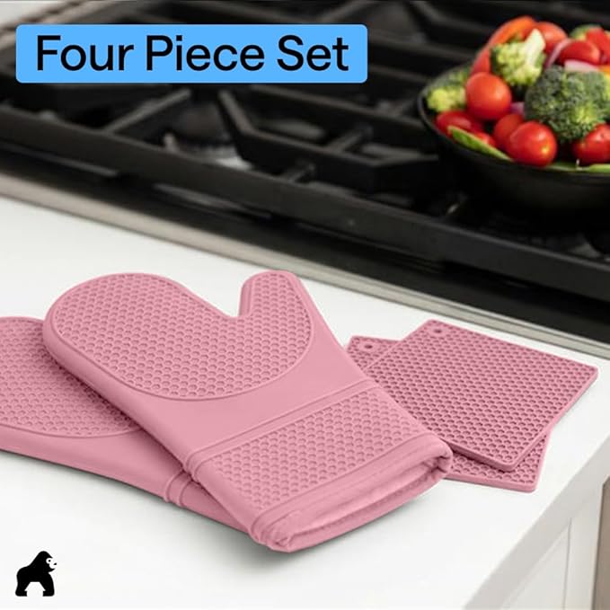GORILLA GRIP BPA-Free Soft Silicone Oven Mitts and Pot Holders Sets of 4, Heat Resistant Waterproof Cooking Gloves, Thick Cotton Lining, Flexible Gripping for Baking Grilling, Kitchen Trivets, Pink