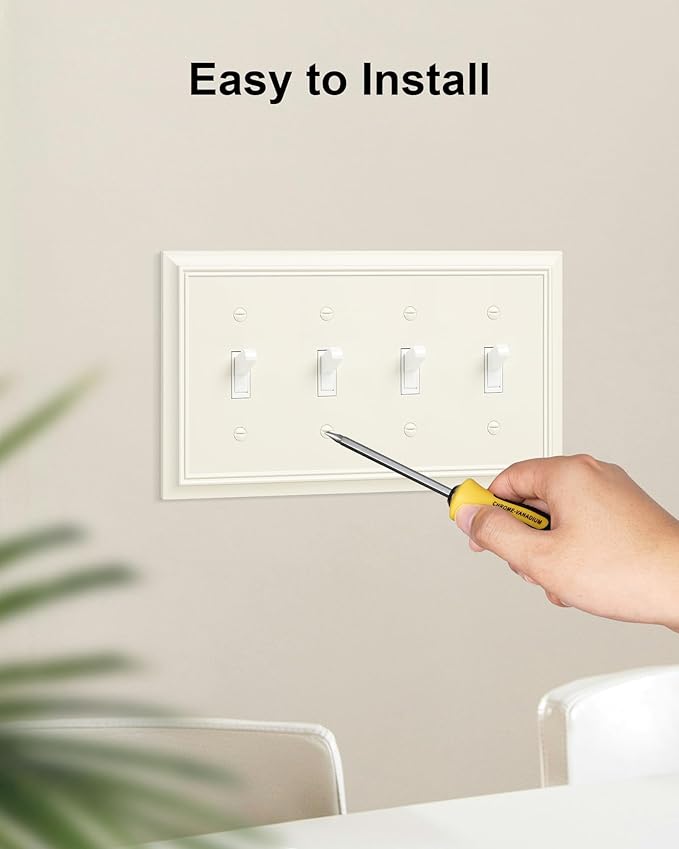 2-Pack Quad Toggle Light Switch Cover Plate, Almond Decorative Switch Plate Covers, Natural Bamboo Fiber 4 Gang Wall Plate for Toggle Light Switch and Rotary Dimmer Switch