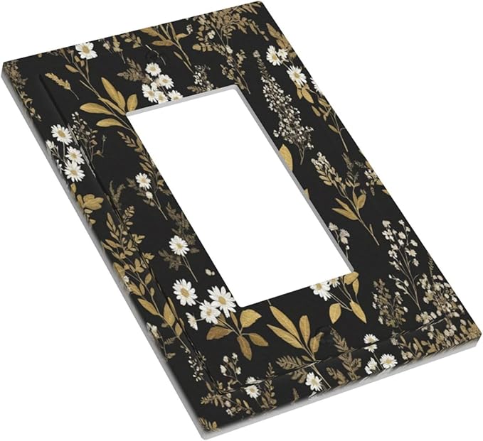 Outlet Covers Black/Gold Boho Botanical Floral Rustic Flowers 1 Gang Wall Plate Single Rocker Light Switch Cover Decorative GFCI Receptacle Electrical Switchplate for Bathroom Kitchen（2 Pack）