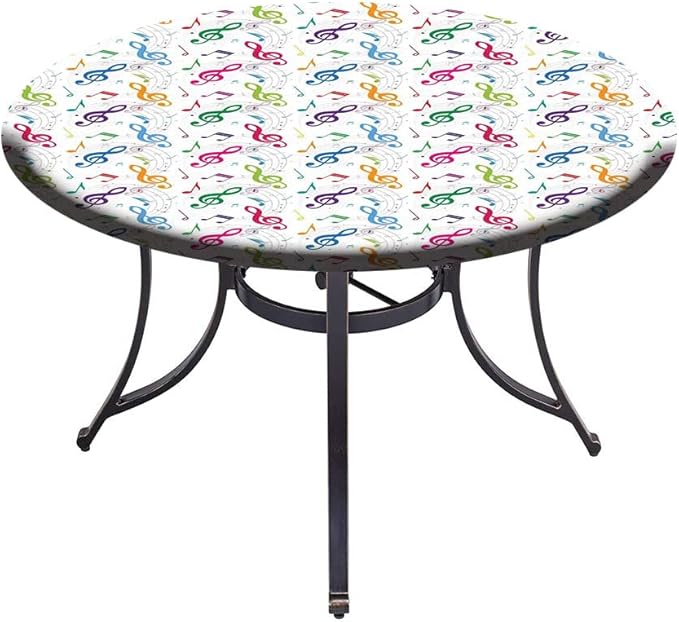Elastic Tablecloth, Music Decor Decorative Fabric Table Cover for, Notes on Circle Shape Geometric Background Carnival, Fit Round Tables 48inch Diameter, for Dining Room/Party/Banquet Decoration