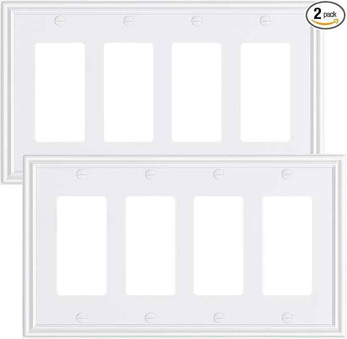2-Pack Quad Decorator Outlet Cover Plate, Zinc Alloy Decorative Pure White Switch Plates and Outlet Covers, 4 Gang Wall Plates for Electrical Outlets, Receptacle, GFCI Outlet, Dimmer Switch