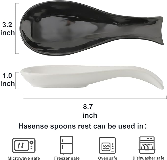 Ceramic Spoon Rest for Stove Top,Large 8.7 Inch Spoon Holder for Kitchen Counter,Porcelain Rest for Thankgiving and Christmas Gift,Dishwasher Safe and Heat-Resistant,White and Black(2 PC)
