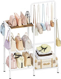 Floor-Standing 3-Tier Purse Organizer, High-Capacity Bag Holder with 8 Hooks, Multi-Functional Purse Rack for Various Bags, Handbag Display Stand Shelf for Closet, Bedroom, Entryway, White