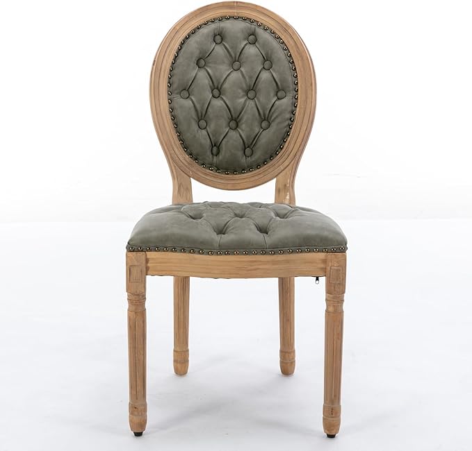 Ball & Cast French Vintage Upholstered Dining Chairs Set of 2, Button Tufted Kitchen Side-Chairs with Carved Antique Wood Frame & Nailhead Trims, PU-Leather Curved Backrest Louis Chair, PU Green
