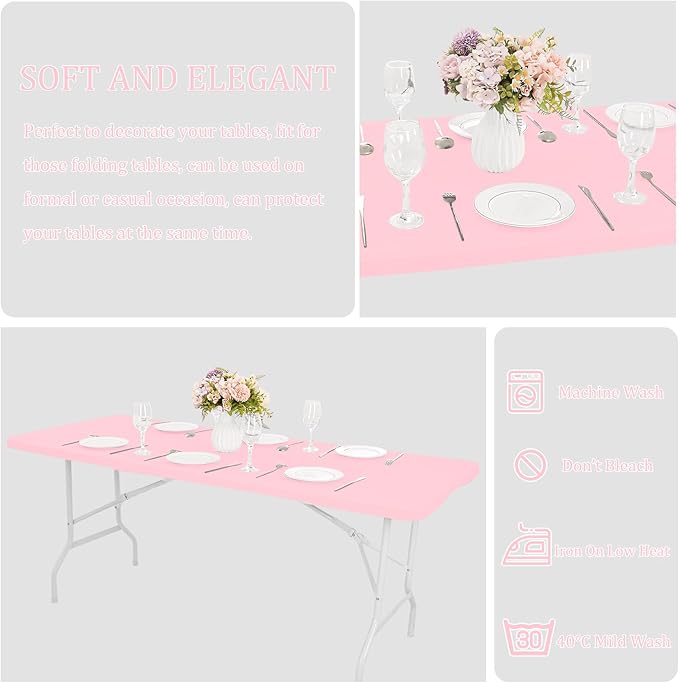 4 Pack Spandex Tablecloth Table Top Cap Cover Washable Elastic Rectangle Tablecloth for 6 FT Folding Tables for Indoor Outdoor Party (72 x 30 Inches, Pink)