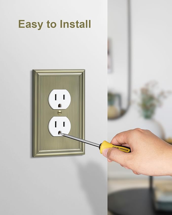 2-Pack Single Duplex Outlet Cover Plate, Decorative Antique Brass Switch Plates and Outlet Covers, Metal Wall Plates for Electrical Outlets, 1 Gang Receptacle Cover, Corrosion Resistant