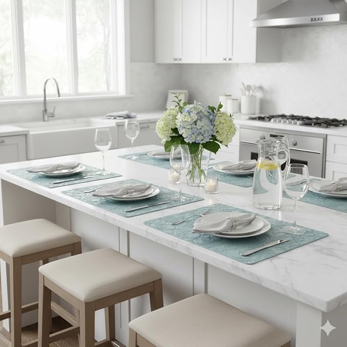 SolaraDawn Faux Leather Table Placemats Set of 6, Washable, Wipeable & Heat-Resistant Table Mats, Waterproof Dining Place Mats with Embossed Texture for Kitchen & Dining, Ice Blue, 17" × 12"