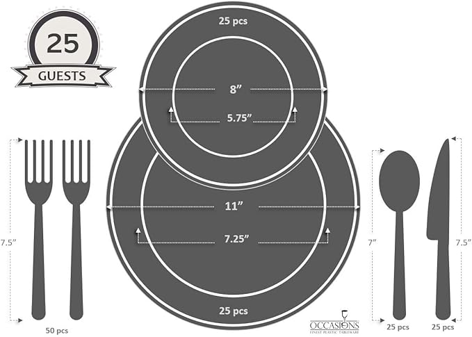 " OCCASIONS " 150pcs set (25 Guests)-Extra Heavyweight Vintage Wedding Disposable/Reusable Plastic Plates (25 x 11'' + 25 x 8.25'') +Silverware (Chateau Collection in White)