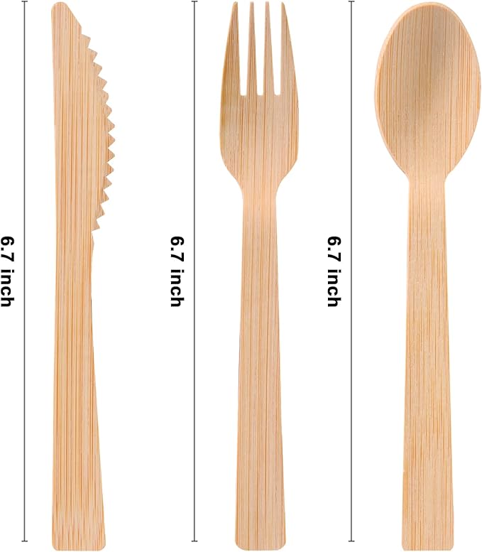 Pre Rolled Napkin and Bamboo Cutlery Set - 100Pack Bamboo Utensils/Compostable Cutlery(100 Forks, 100 Knives, 100 Spoons, 100 Napkins), Biodegradable Wrapped Cutlery for Party, Wedding, Events