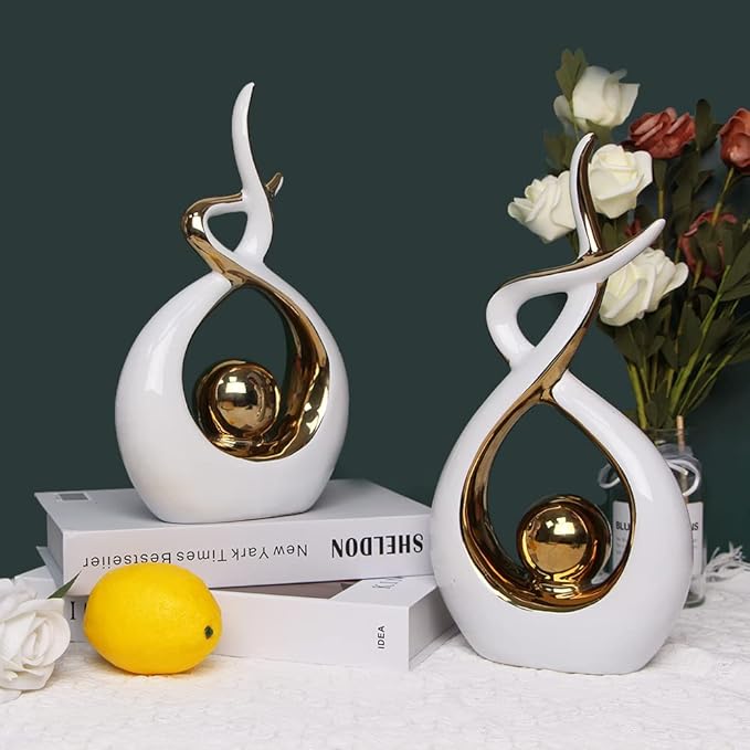 Norrclp Home Decor Modern Abstract Art Ceramic Statue Table Decorations for Dining Room Living Room Office Centerpiece (White and Gold, Large)