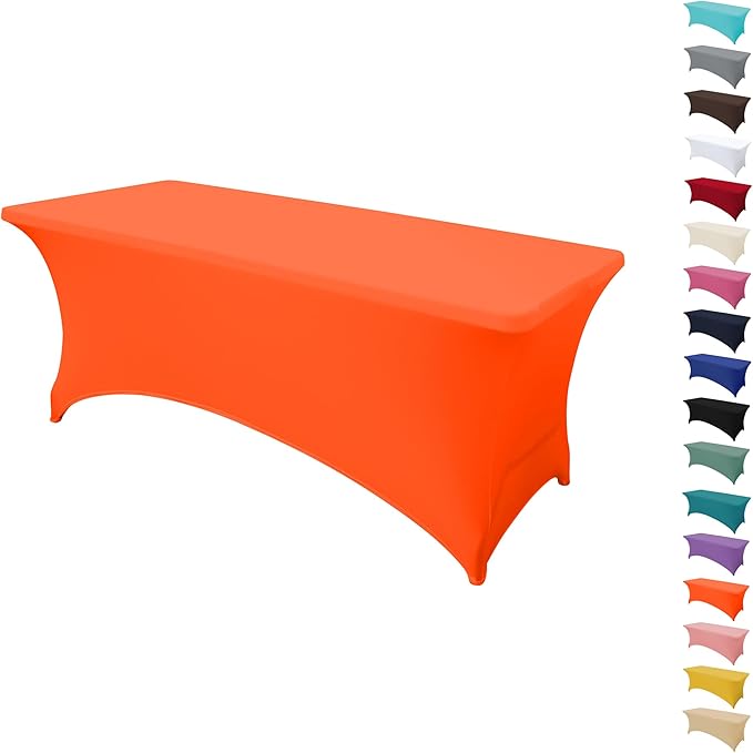 8FT Table Cloth for Rectangular Fitted Events Stretch Orange Table Covers Washable Spandex Tablecloth Protector for Party, Wedding, Cocktail, Banquet, Festival