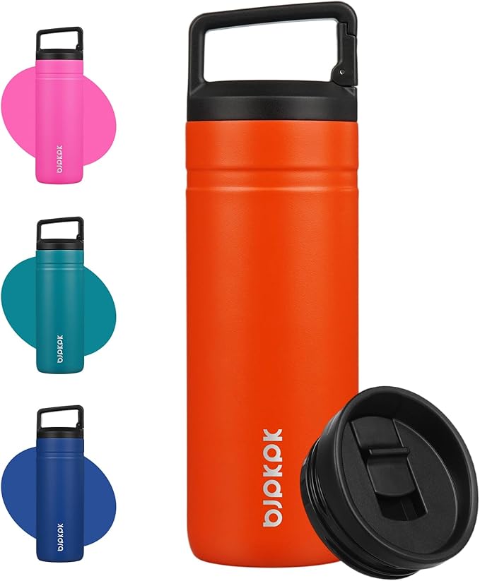 BJPKPK Insulated Water Bottle with 2 Lids,20 oz Double Wall Stainless Steel Vacuum Tumbler Travel Coffee Mug,Wide Mouth Thermal Cup,Orange