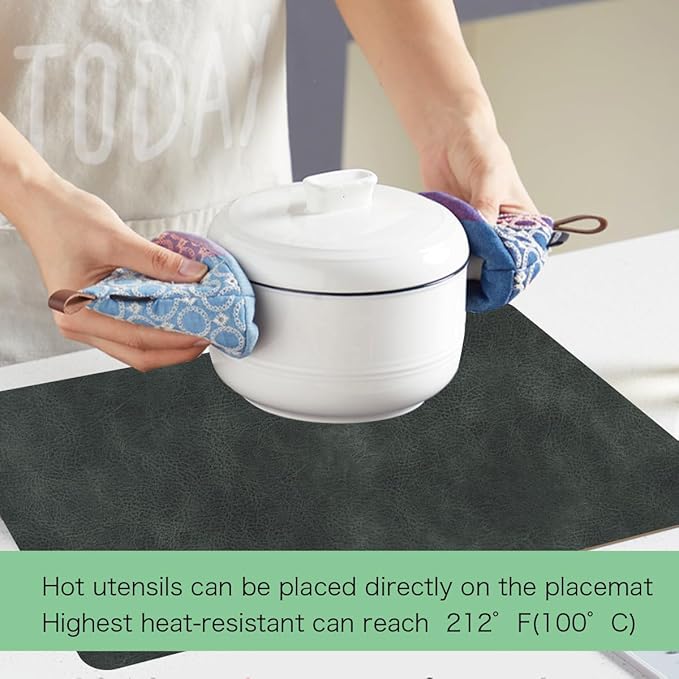 Faux Leather Soft Placemats with Rounded Corners for Kitchen Set of 6,Wipeable Reusable Place Mats,Waterproof&Stain Resistant Table Mats,Washable Heat-Resistant Non-Slip(Black-Grey)