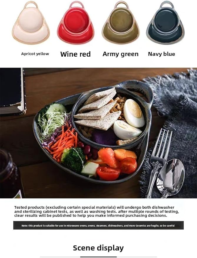 Soup and Side Bowl Plate Ceramic, Chip and Dip Divided Bowls, Anti-Soggy Cereal Bowl Bread Dipping Bowls Plates for Salad Breakfast, and Sandwich Ideal for Home and Restaurant (red+blue)