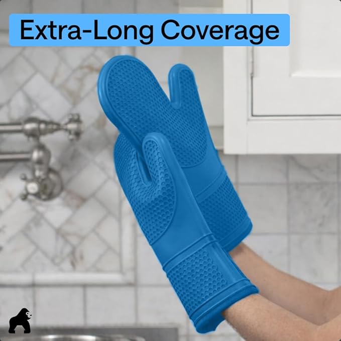 GORILLA GRIP BPA-Free Soft Silicone Oven Mitts, 14.5x8.3, Heat Resistant and Waterproof Cooking Gloves, Thick Cotton Lining, Flexible Gripping for Baking Grilling, Kitchen Potholders Set of 2, Aqua