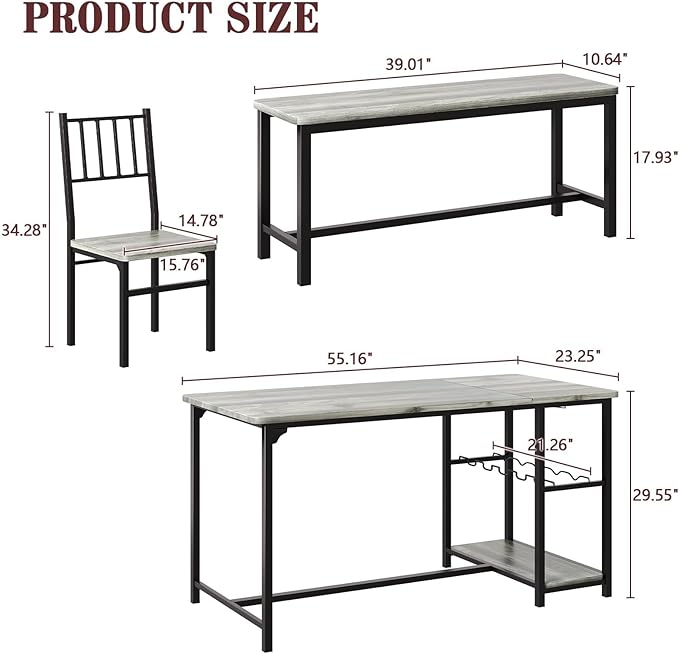 4 EVER WINNER Dining Room Table Set for 4, 55" Kitchen Table Set with Storage Shelf, Wine Rack & Wine Glasses Holder, Dining Table for 4 with Chairs and Bench for Dining Room, Kitchen, Grey