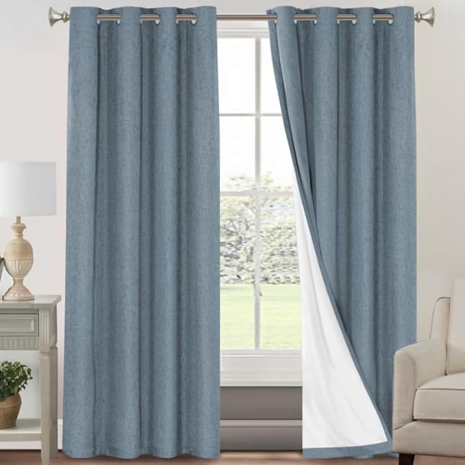 PrinceDeco 100% Blackout Linen Textured Curtains for Bedroom Linen Blackout Curtains 90 Inches Length 2 Panels Set Noice Reducing Soundproof Window Treatment Drapes with White Liner,Stone Blue