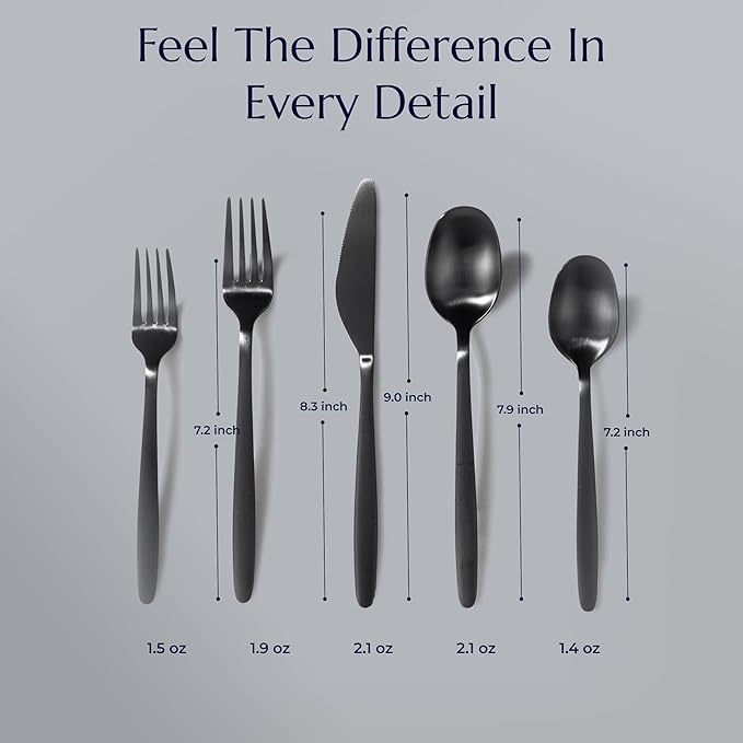 JazzUpCo Tia Flatware non toxic 18/10 stainless steel dishwasher safe (Matte Black, 16 Person Set (80 Pieces))