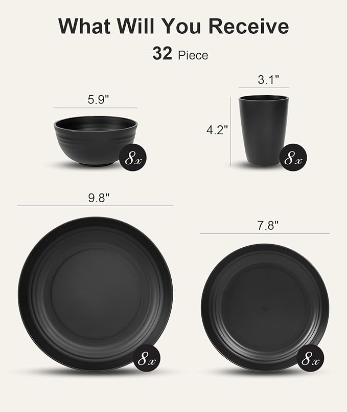 Quatish 32 Piece Plates and Bowls Sets for 8, Unbreakable Dinnerware Sets, Plastic Dish Set for Camping, Dishwasher Microwave Safe, Outdoor Kitchen and Apartment Dinning RV Essentials, Black