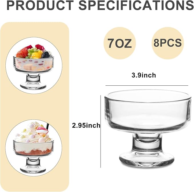 7oz Glass Ice Cream Bowls- Versatile Dessert Bowls & Cups for Mixed Drinks, Desserts, Nuts, Fruit, Pudding & Snacks- Perfect for Parties, Gatherings (8)