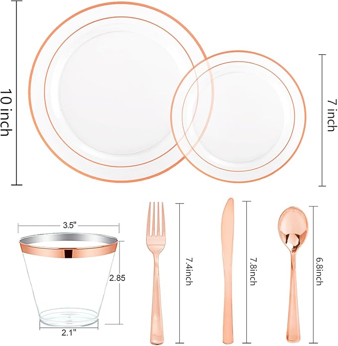bUCLA 150PCS Clear Rose Gold Disposable Dinnerware set - Rose Gold Plastic Plates Include 25 Dinner / 25 Dessert Plates, 25 Knives, 25 Forks, 25 Spoons, 25 Cups for Party, Wedding & Valentines Day