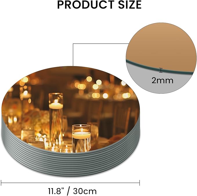 12" Gold Mirror Centerpieces for Table, 12Pcs Glass Round Mirror Table Centerpieces，Color Glass Trays with Feet for Wedding Decorations,Parties,Baby Shower, 2mm Thick