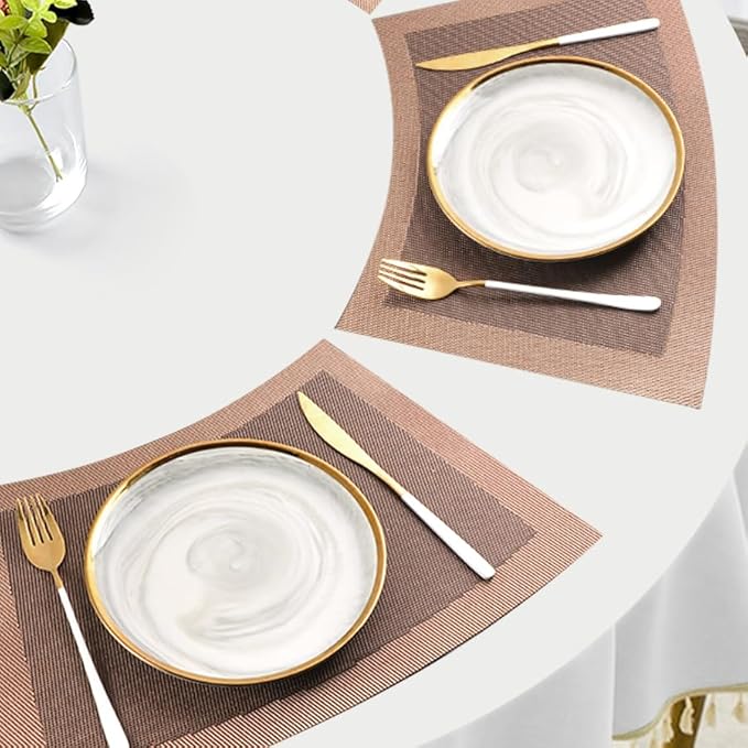 Wedge Shape Placemats for Round Dinner Table Woven Vinyl Wipe Clean Non Slip Plastic Table Mats Set of 4（Brown）
