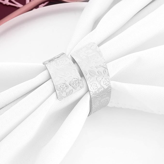 Napkin Rings Set of 12, Irregular-Shaped Metal Napkin Holders with Rose Patterns for Wedding Dining, Holiday Table Decor, Perfect for Home Chefs & Party Planners（Silver）