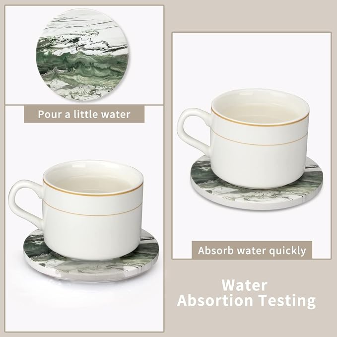 6 Pcs Green Ceramic Coasters with Holder Round Cool Drink Best Modern Absorbent Coaster Set for Coffee Table, Art Decorative Coasters, Bar, Farmhouse, Outdoor Cup Coaster Gifts