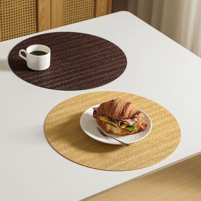 PIGCHCY Round 15" Water-Resistant Placemats Set of 6, Premium Faux Leather Placemats PVC Easy Clean Table Mats for Hotels Outdoor Dining, Wedding Decor (Brown)